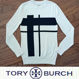 Tory Burch Sport Round Neck Wool Knit Pullover Ivory/Navy Stripes XS